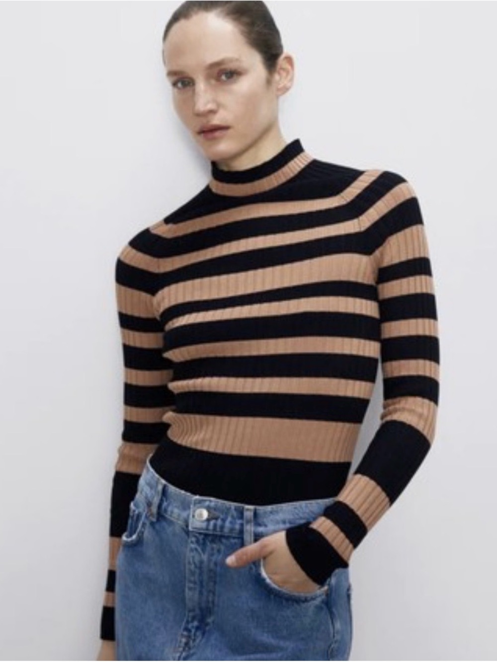 Striped Ribbed Mock Neck Sweater - Black & Camel